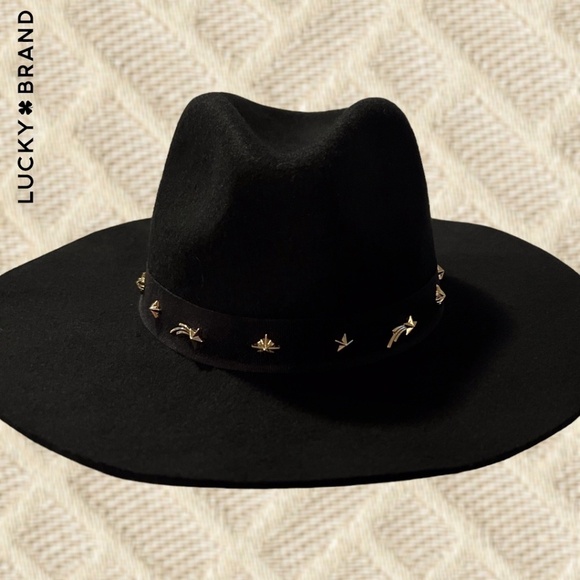 LUCKY BRAND (NWT) 100% WOOL Gold-Charm-Accented Band Black Wide Brim Ranger Hat - Picture 12 of 16